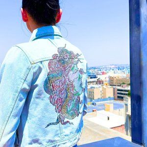 Women's Medusa Blue Denim Jacket Size S-XL Beaded Long Sleeve